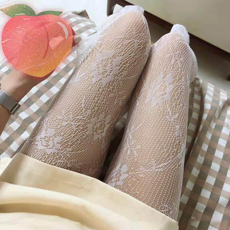 Japanese Anime Lolita Pantyhose Cartoon Flower Pattern Jacquard Tights Gothic Women Hollow Out Mesh Fishnet Stockings - Amazhona 