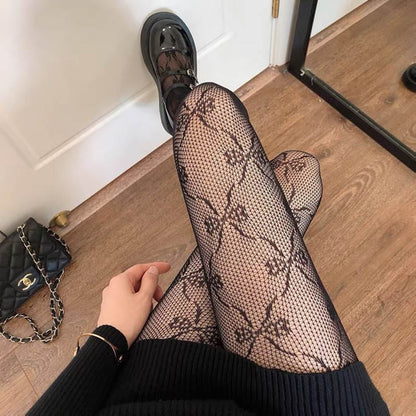 Japanese Anime Lolita Pantyhose Cartoon Flower Pattern Jacquard Tights Gothic Women Hollow Out Mesh Fishnet Stockings - Amazhona 