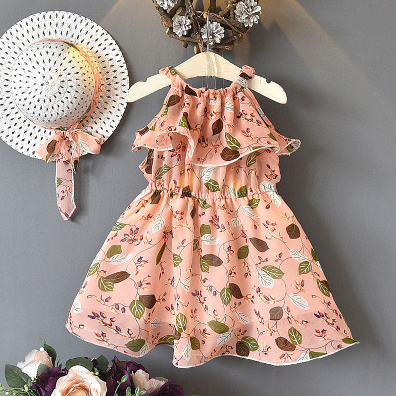 Kids Dress Girls Leaf Chiffon Sleeveless Holiday Bohemian - Amazhona 