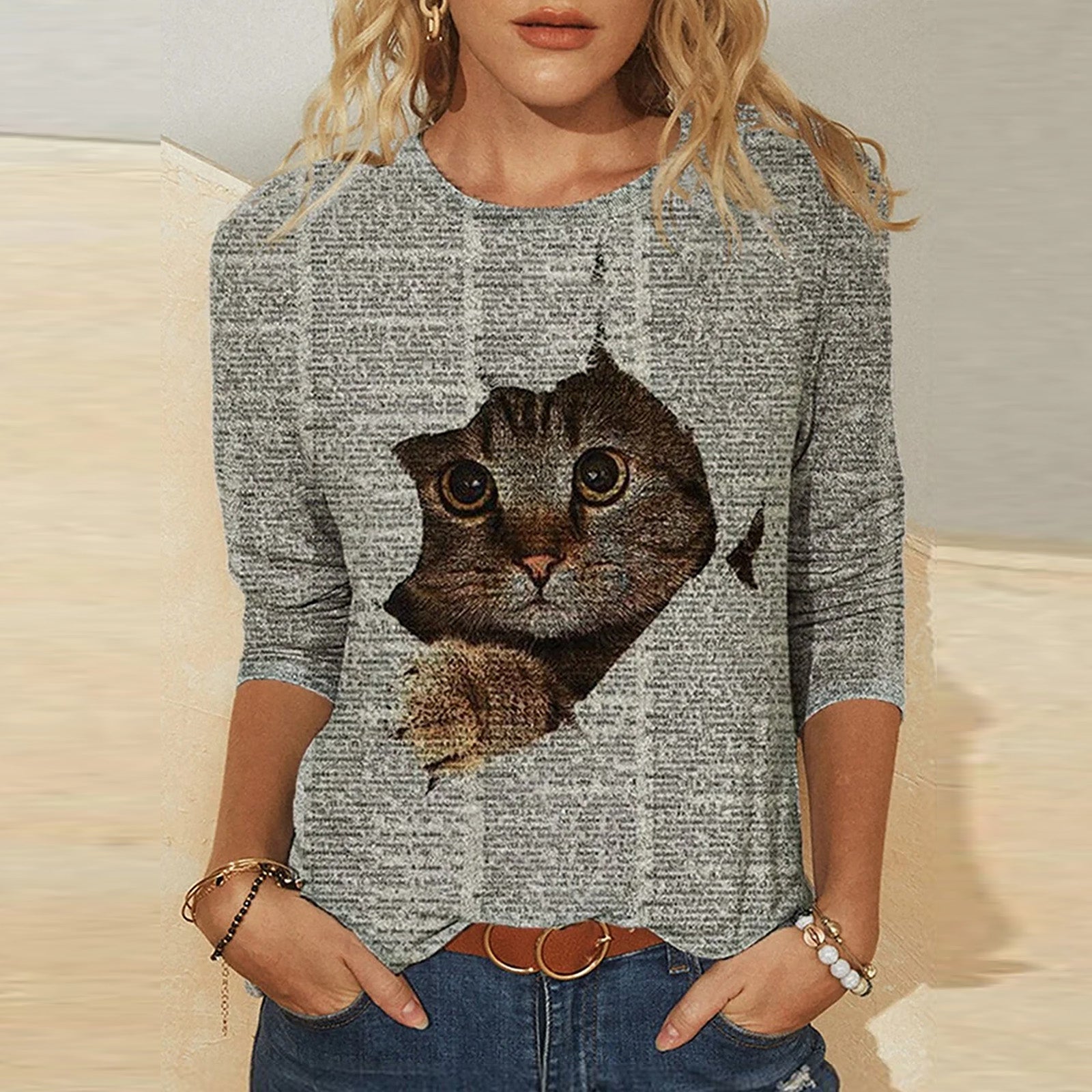 Knitted Long Sleeve Printed Round Neck Women's T-Shirt - Amazhona 