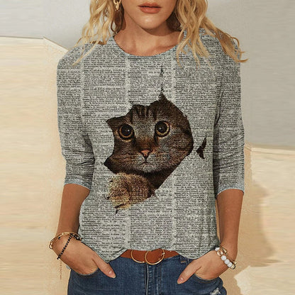 Knitted Long Sleeve Printed Round Neck Women's T-Shirt - Amazhona 