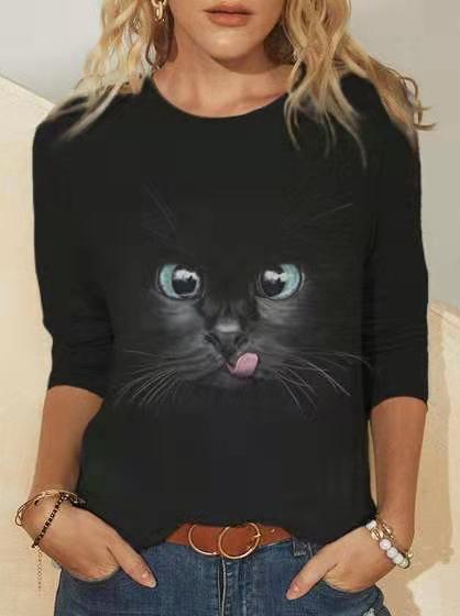 Knitted Long Sleeve Printed Round Neck Women's T-Shirt - Amazhona 