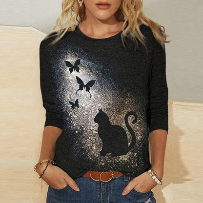 Knitted Long Sleeve Printed Round Neck Women's T-Shirt - Amazhona 