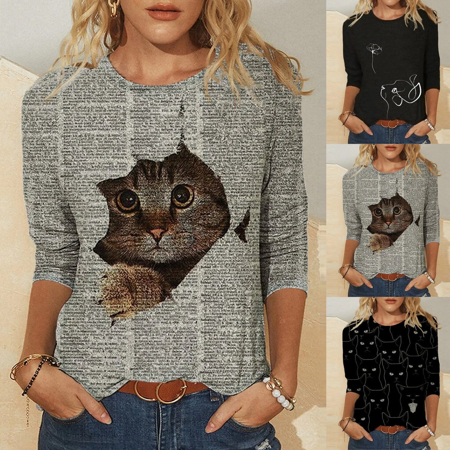 Knitted Long Sleeve Printed Round Neck Women's T-Shirt - Amazhona 