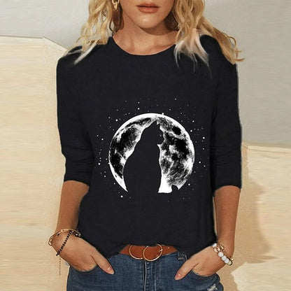 Knitted Long Sleeve Printed Round Neck Women's T-Shirt - Amazhona 