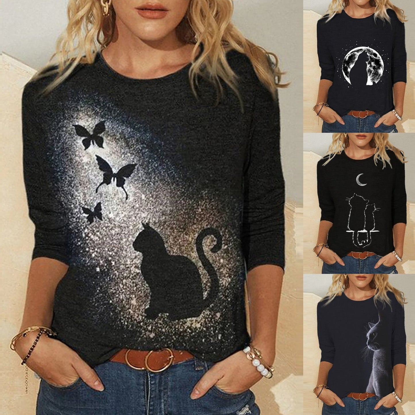 Knitted Long Sleeve Printed Round Neck Women's T-Shirt - Amazhona 