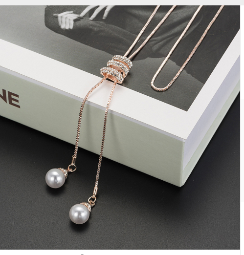 Korea long simple pearl pendant long necklace pendant wild diamond tassel sweater chain female 9302 - Amazhona 