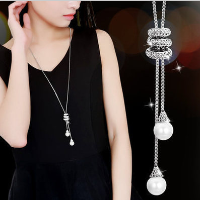 Korea long simple pearl pendant long necklace pendant wild diamond tassel sweater chain female 9302 - Amazhona 