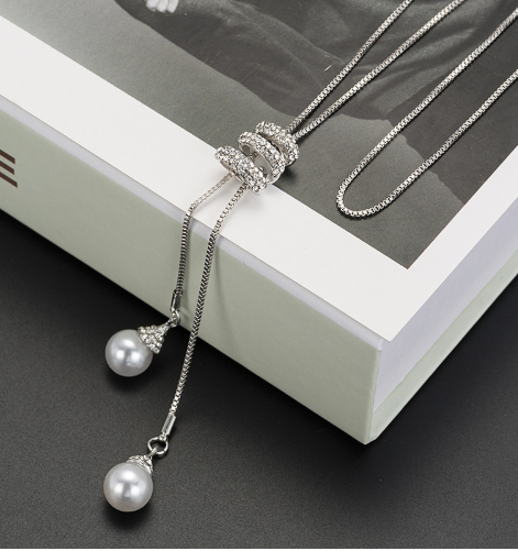 Korea long simple pearl pendant long necklace pendant wild diamond tassel sweater chain female 9302 - Amazhona 