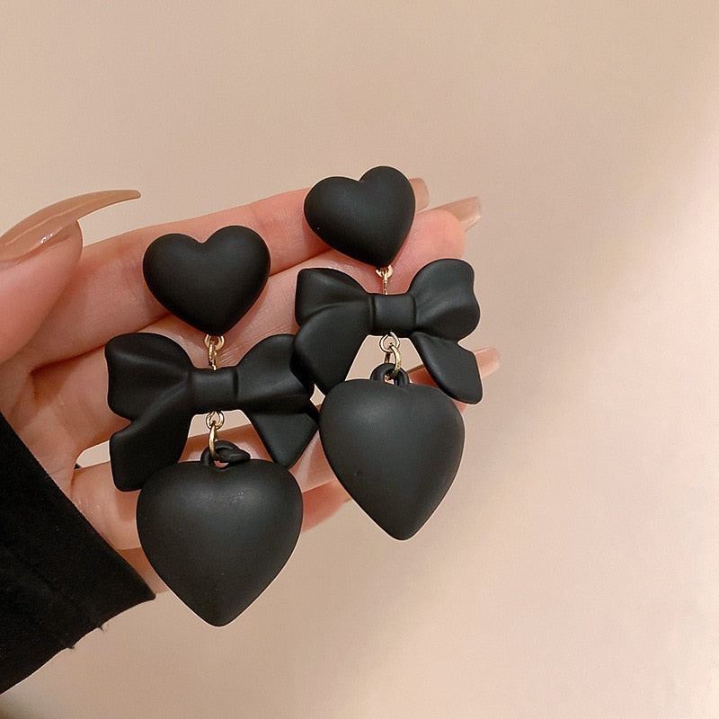 Korean Black Bowknot Heart Statement Dangle Earrings For Women Fashion Temperament Bijoux Orecchini Donna - Amazhona 