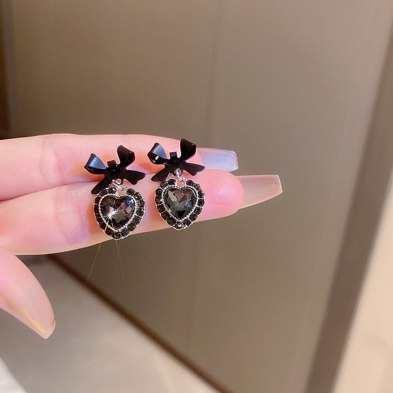 Korean Black Bowknot Heart Statement Dangle Earrings For Women Fashion Temperament Bijoux Orecchini Donna - Amazhona 