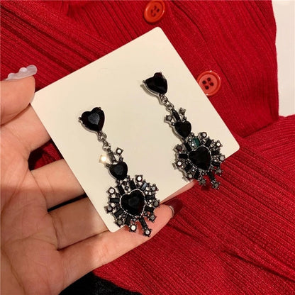 Korean Black Bowknot Heart Statement Dangle Earrings For Women Fashion Temperament Bijoux Orecchini Donna - Amazhona 