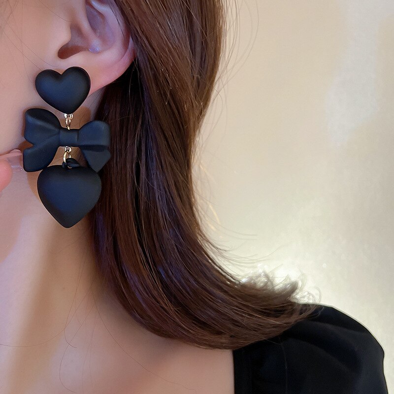 Korean Black Bowknot Heart Statement Dangle Earrings For Women Fashion Temperament Bijoux Orecchini Donna - Amazhona 