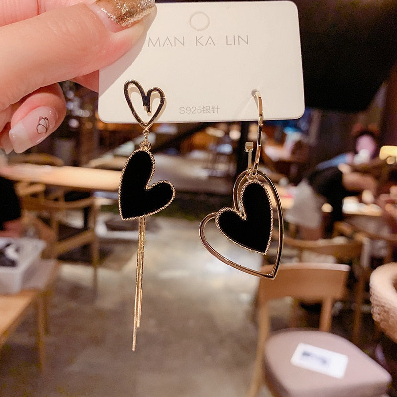 Korean Black Bowknot Heart Statement Dangle Earrings For Women Fashion Temperament Bijoux Orecchini Donna - Amazhona 