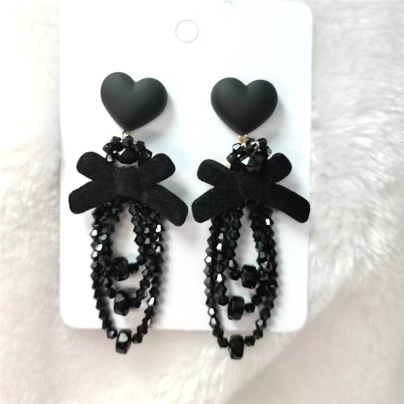 Korean Black Bowknot Heart Statement Dangle Earrings For Women Fashion Temperament Bijoux Orecchini Donna - Amazhona 