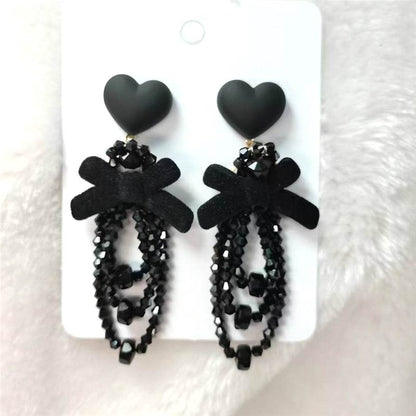 Korean Black Bowknot Heart Statement Dangle Earrings For Women Fashion Temperament Bijoux Orecchini Donna - Amazhona 