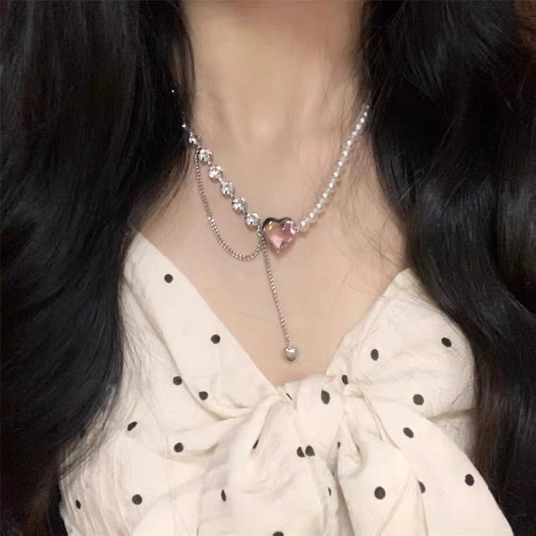 Kpop Choker Heart Necklace Clavicle Chain Rhinestone Pendant Necklace For Women Punk Y2K Aesthetic Gothic Fashion Grunge Jewelry - Amazhona 