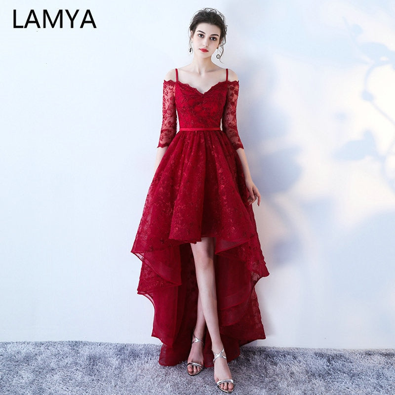 LAMYA High Low Prom Dress Boat Neck With Half Sleeve Evening Party Dresses Women Black Lace Formal Gown Gown Robe De Soiree - Amazhona 