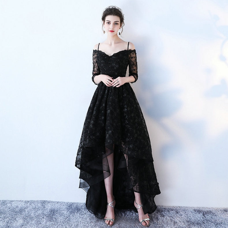 LAMYA High Low Prom Dress Boat Neck With Half Sleeve Evening Party Dresses Women Black Lace Formal Gown Gown Robe De Soiree - Amazhona 