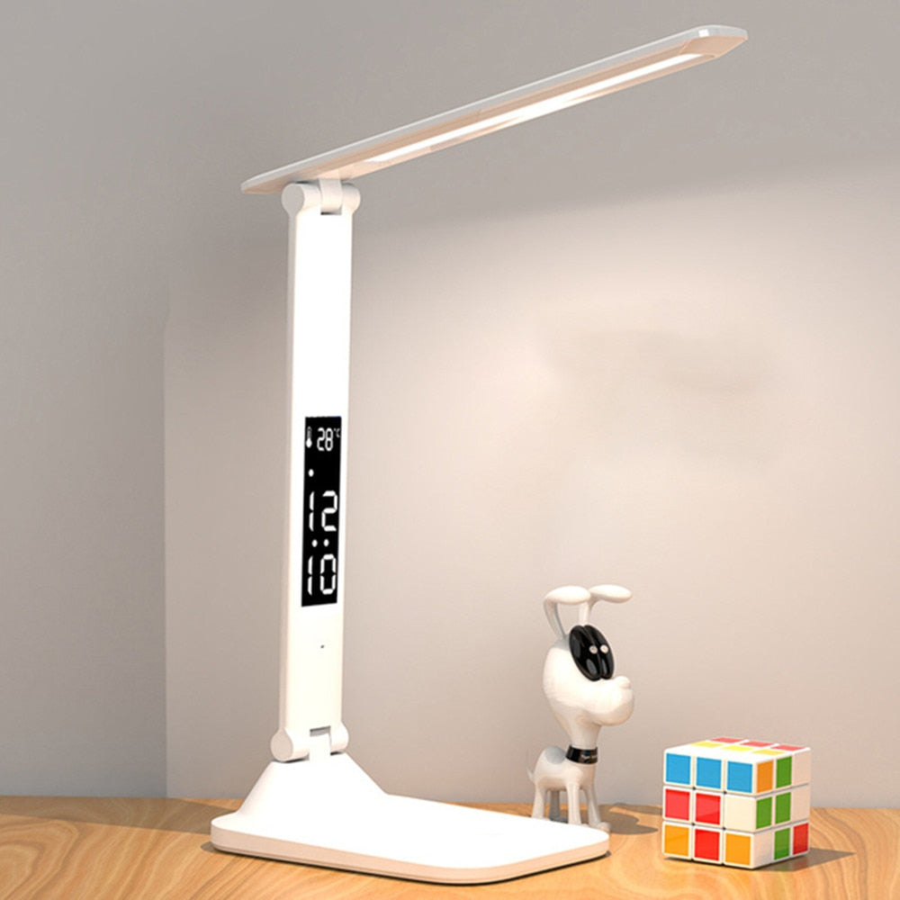 LED Desk Lamp USB Dimmable Touch Foldable Table Lamp with Calendar Temperature Clock Night Light for Study Reading Lamp - Amazhona 