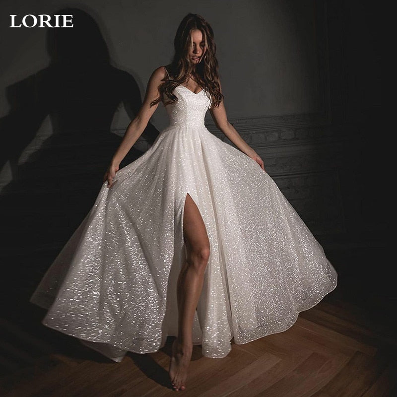 LORIE Side Split Sweetheart Wedding Dresses Glitter Tulle Sexy Spaghetti Straps Boho Bride dresses Vestidos de novia 2021 - Amazhona 