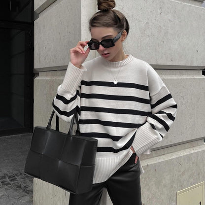 Ladies Autumn Winter Striped Knitted Loose Sweater Women Pullover Tops Long Sleeve O Neck Casual Streetwear Women Sweater Female - Amazhona 