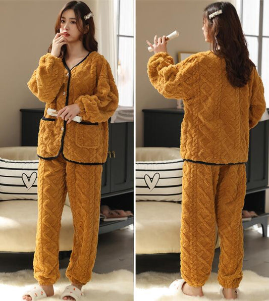 Ladies Long-sleeved Flannel Padded Pajamas Home Service Suit - Amazhona 