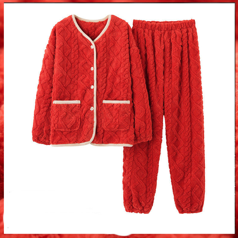 Ladies Long-sleeved Flannel Padded Pajamas Home Service Suit - Amazhona 