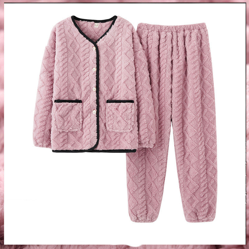 Ladies Long-sleeved Flannel Padded Pajamas Home Service Suit - Amazhona 