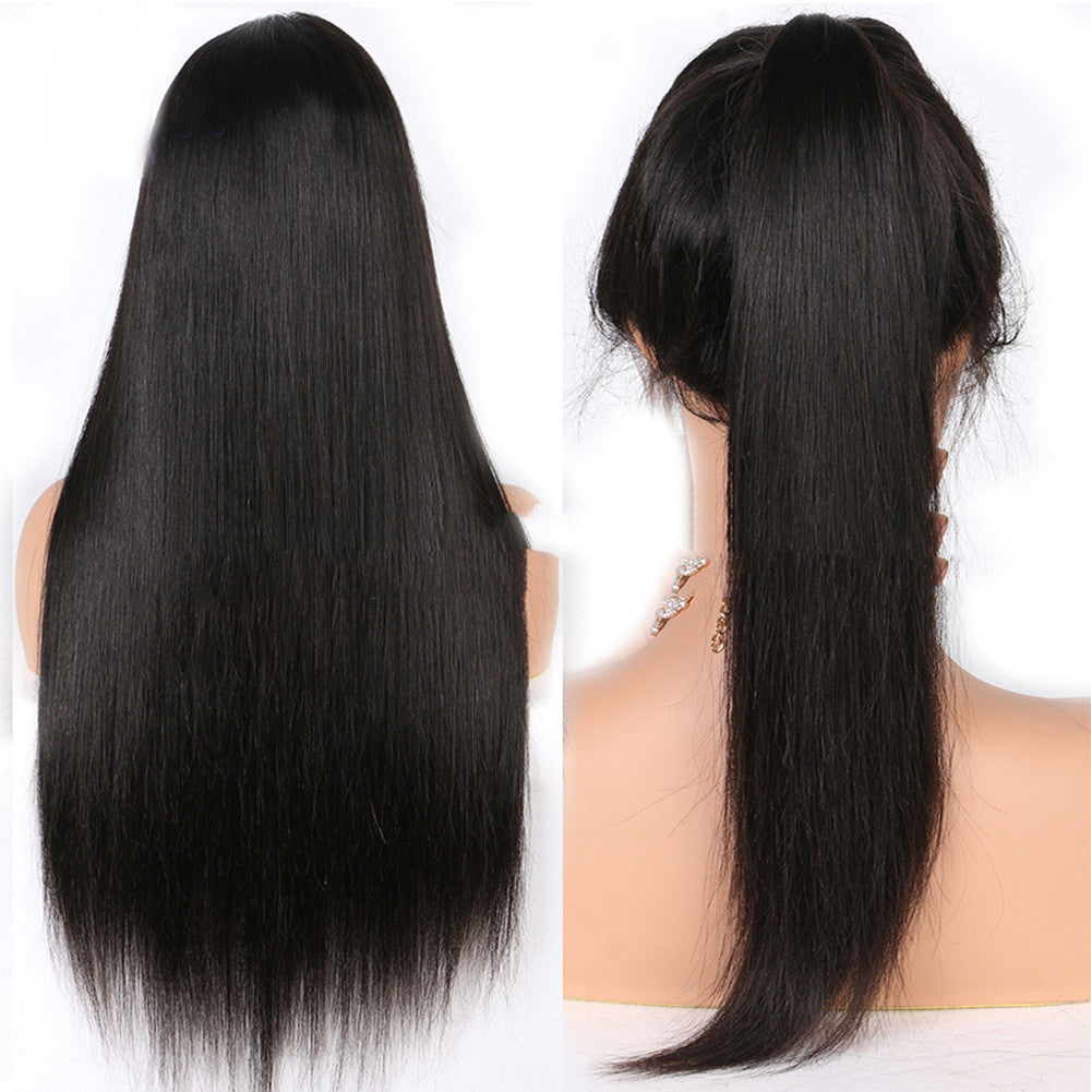 Ladies Mid-length Straight Hair Black Synthetic Front Lace Wig Headgear - Amazhona 