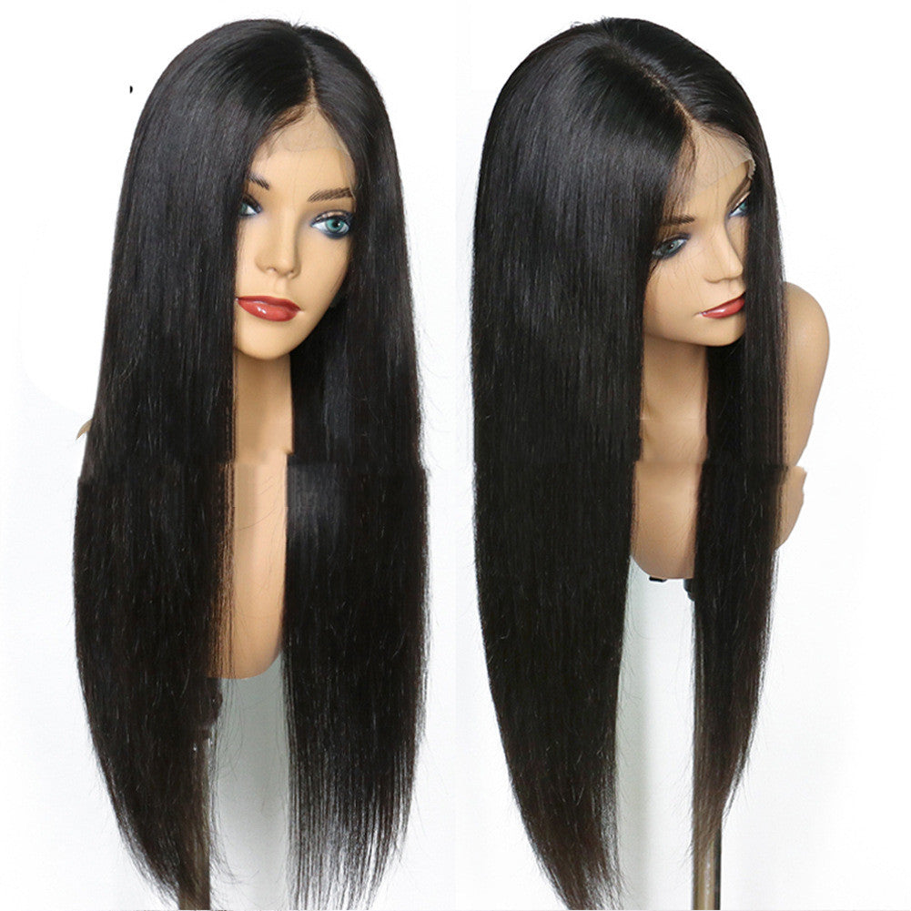 Ladies Mid-length Straight Hair Black Synthetic Front Lace Wig Headgear - Amazhona 