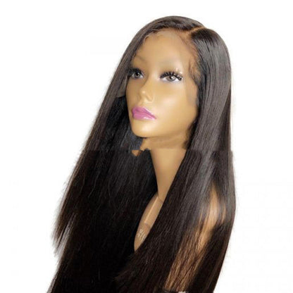 Ladies Mid-length Straight Hair Black Synthetic Front Lace Wig Headgear - Amazhona 