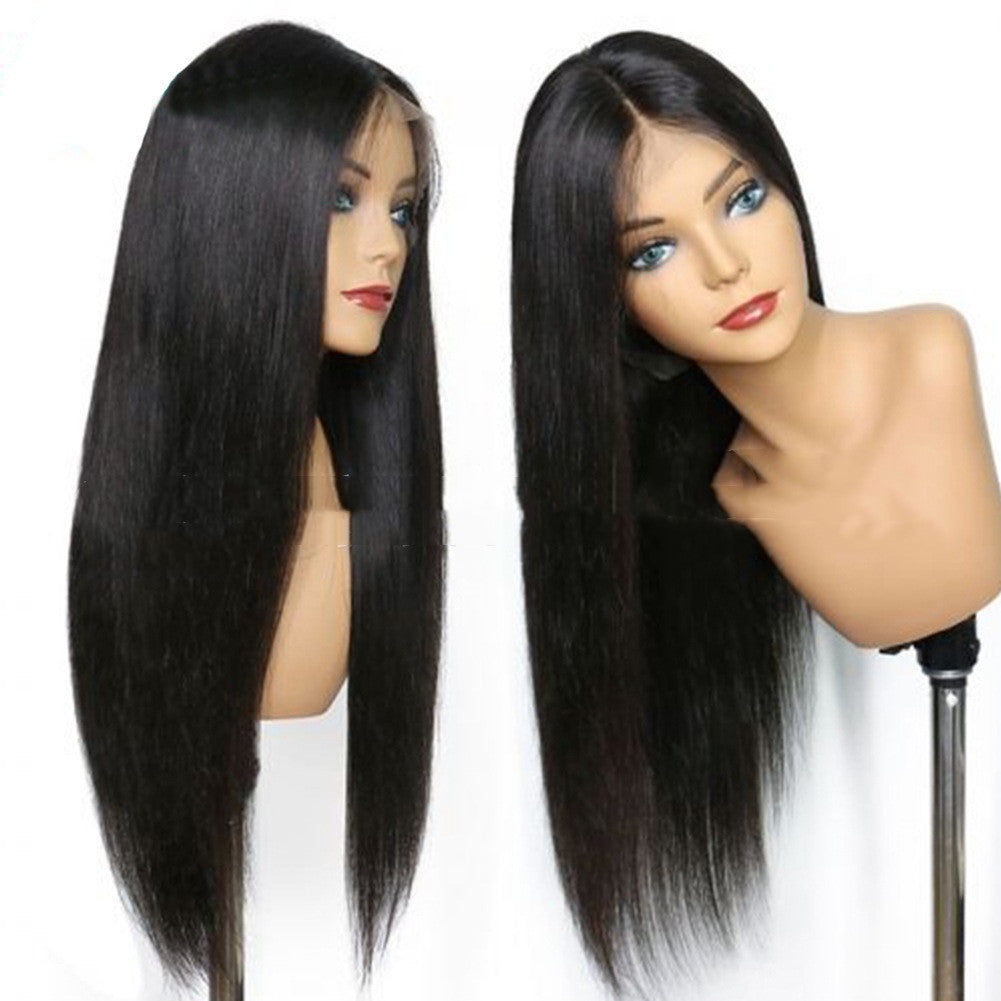 Ladies Mid-length Straight Hair Black Synthetic Front Lace Wig Headgear - Amazhona 