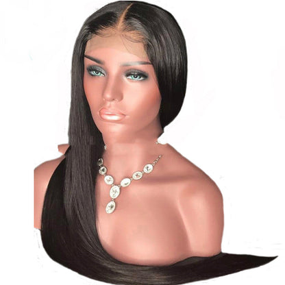 Ladies Mid-length Straight Hair Black Synthetic Front Lace Wig Headgear - Amazhona 