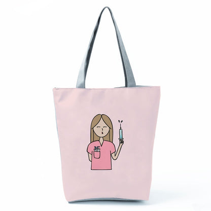 Ladies New Fashion All-Match Tote Female Nurse Love Printed Handbags Cartoon Eco Friendly Beach Bag High Capacity Shopping Bags - Amazhona 