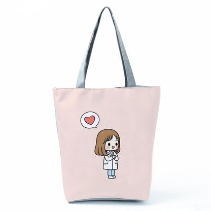 Ladies New Fashion All-Match Tote Female Nurse Love Printed Handbags Cartoon Eco Friendly Beach Bag High Capacity Shopping Bags - Amazhona 