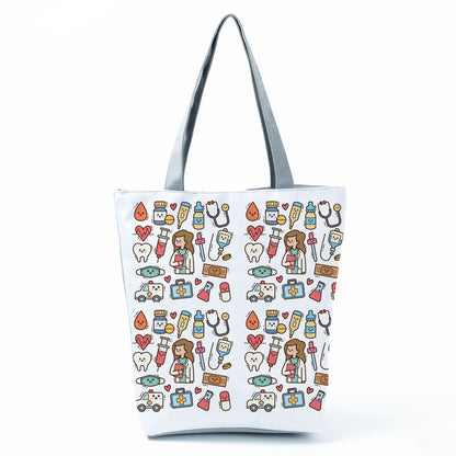 Ladies New Fashion All-Match Tote Female Nurse Love Printed Handbags Cartoon Eco Friendly Beach Bag High Capacity Shopping Bags - Amazhona 