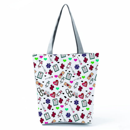 Ladies New Fashion All-Match Tote Female Nurse Love Printed Handbags Cartoon Eco Friendly Beach Bag High Capacity Shopping Bags - Amazhona 