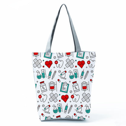 Ladies New Fashion All-Match Tote Female Nurse Love Printed Handbags Cartoon Eco Friendly Beach Bag High Capacity Shopping Bags - Amazhona 