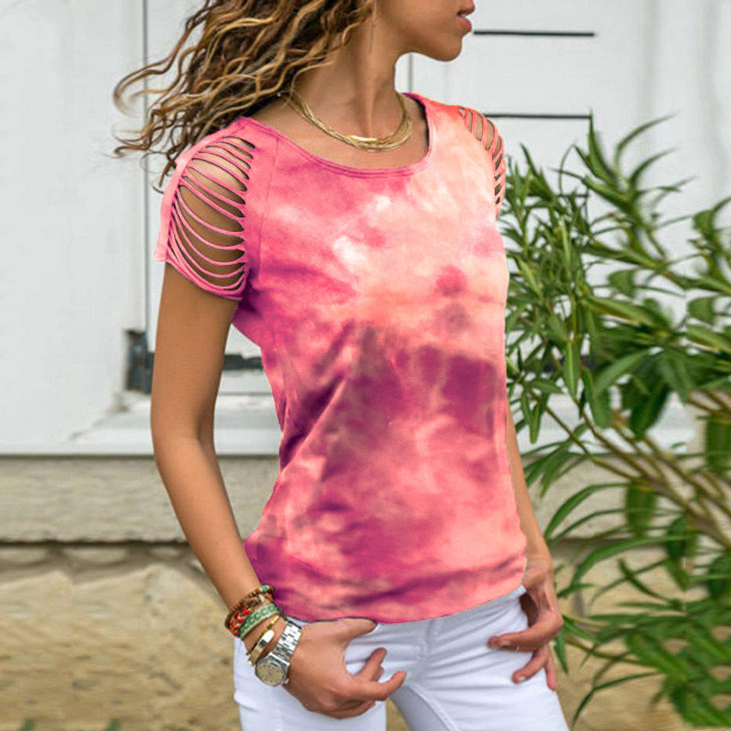 Ladies Tie-Dye Hole Burnt Strapless T-shirt - Amazhona 