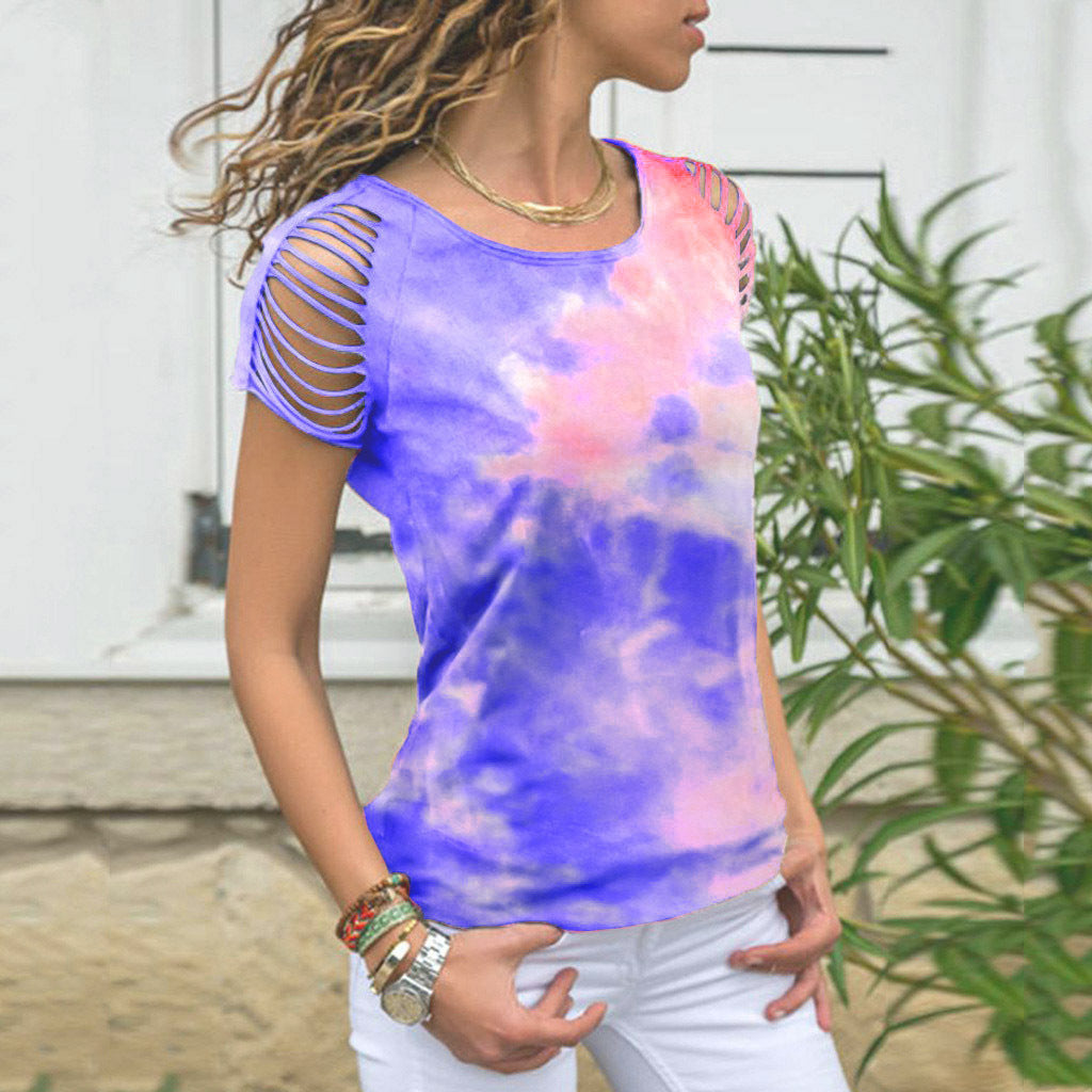 Ladies Tie-Dye Hole Burnt Strapless T-shirt - Amazhona 