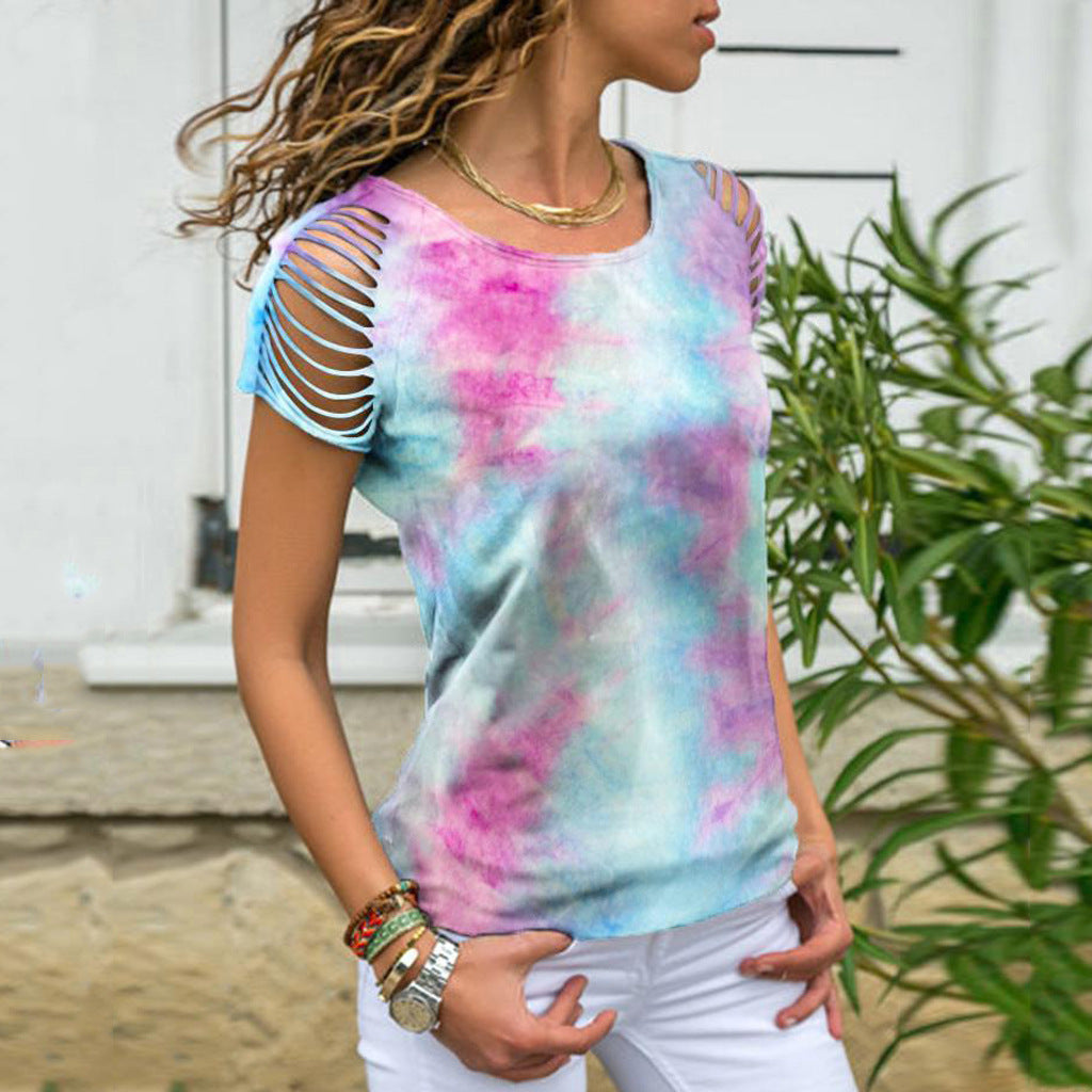 Ladies Tie-Dye Hole Burnt Strapless T-shirt - Amazhona 