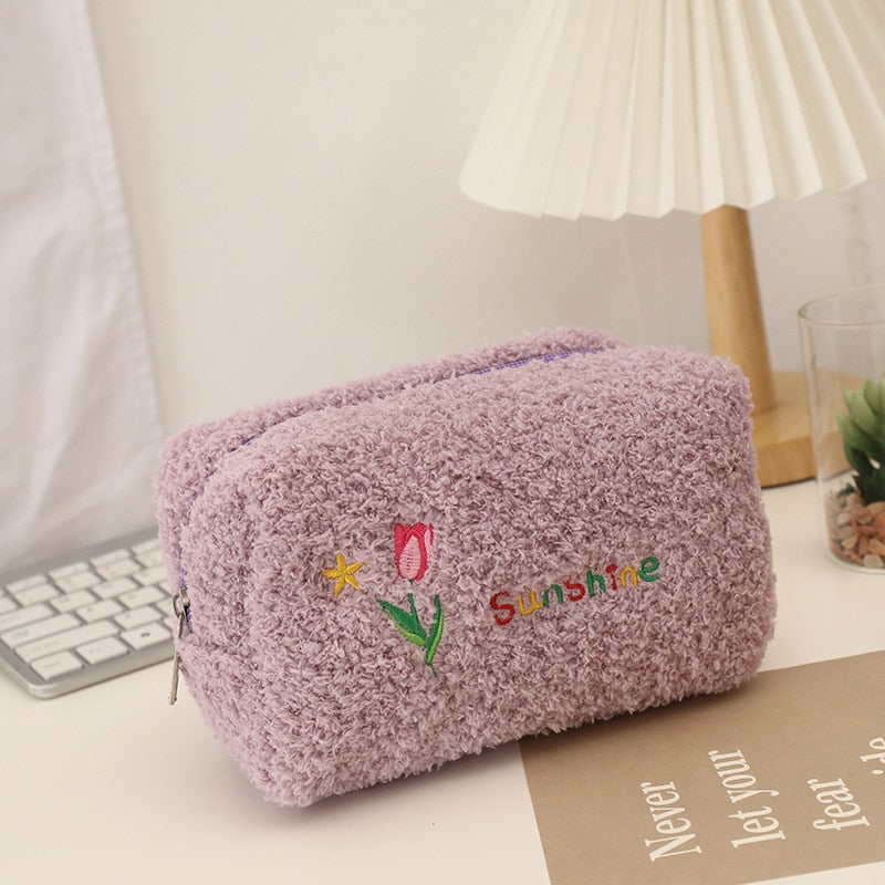 Large Capacity Plush Cosmetic Storage Bag Women Makeup Organizer Handbag Stationery Bag Pencil Case Pencilcase Pen Box Supplies - Amazhona 