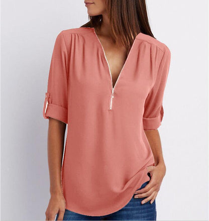 Large Size  Long Sleeve Loose V-neck Shirt - Amazhona 