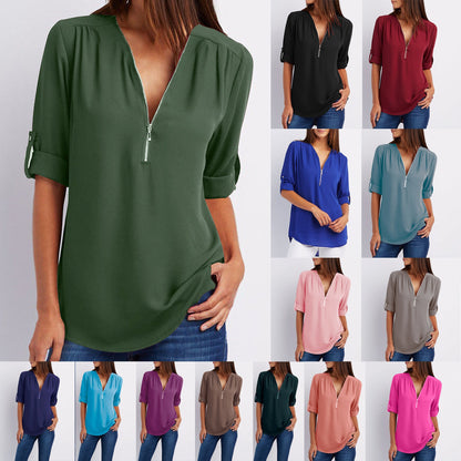 Large Size  Long Sleeve Loose V-neck Shirt - Amazhona 