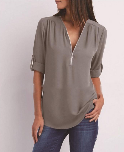 Large Size  Long Sleeve Loose V-neck Shirt - Amazhona 