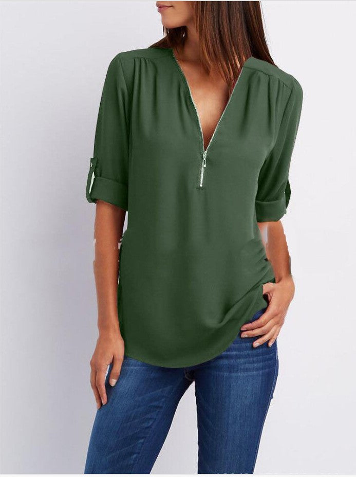 Large Size  Long Sleeve Loose V-neck Shirt - Amazhona 