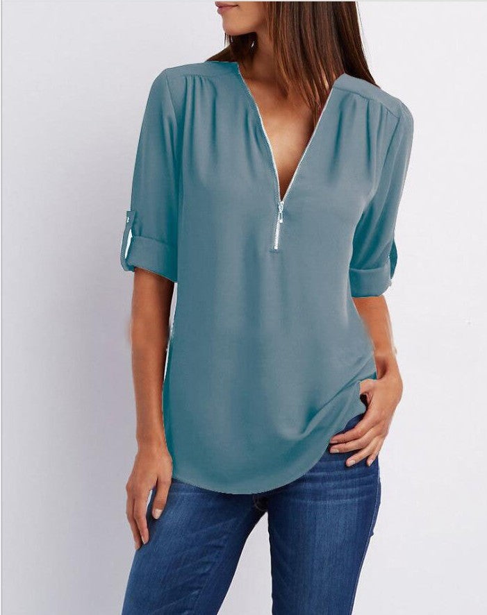 Large Size  Long Sleeve Loose V-neck Shirt - Amazhona 