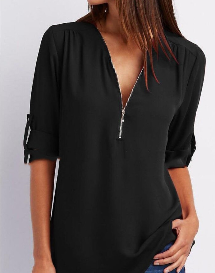 Large Size  Long Sleeve Loose V-neck Shirt - Amazhona 