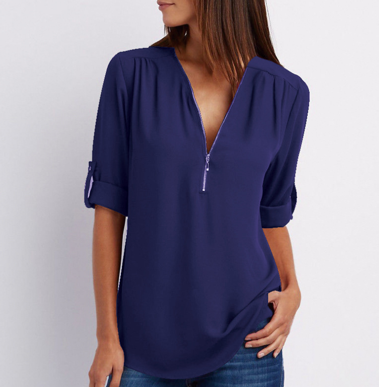 Large Size  Long Sleeve Loose V-neck Shirt - Amazhona 